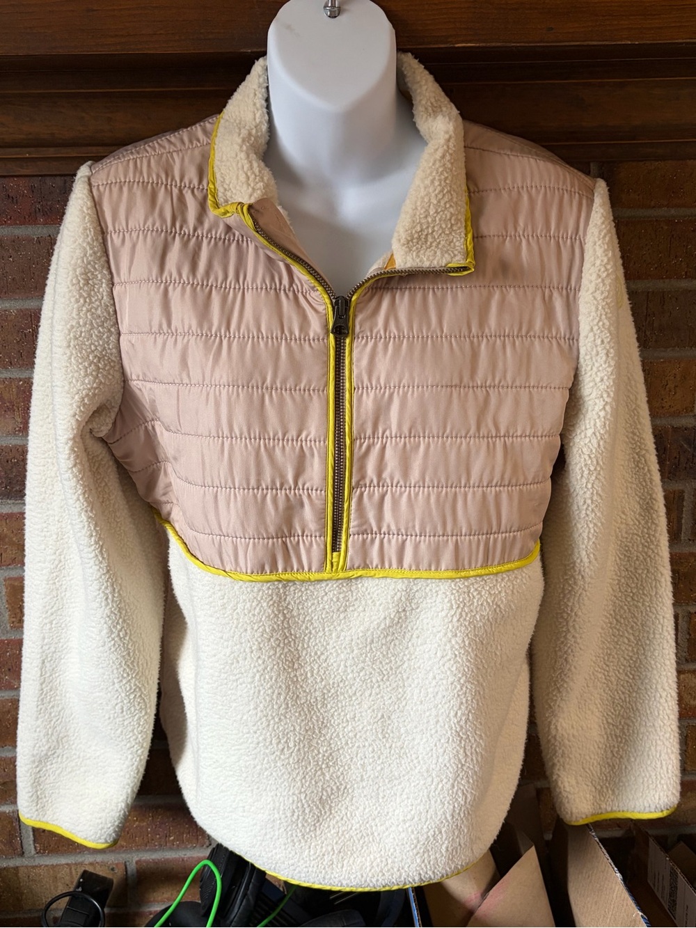 Faherty Cobbie Hill Pullover 1/2 Zip Sherpa Fleece Tan Ivory Pockets Women Sz M